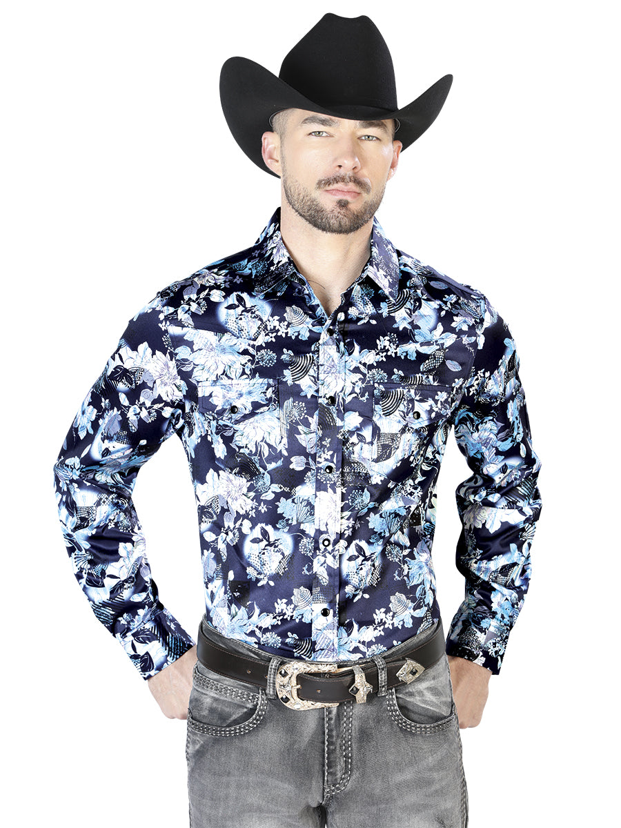 Blue Flower Print Casual Long Sleeve Shirt 43958