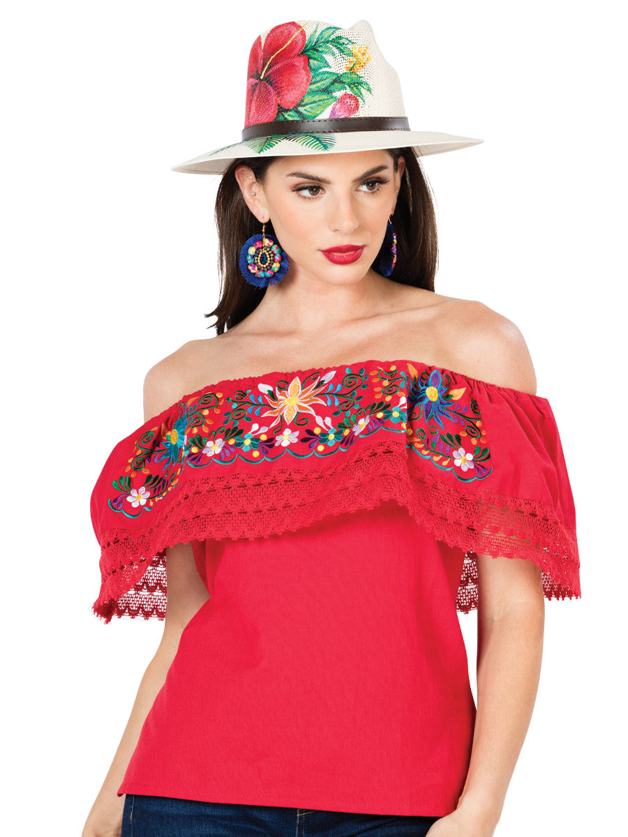 Artisanal Embroidered Blouse 100% Cotton Red 603052
