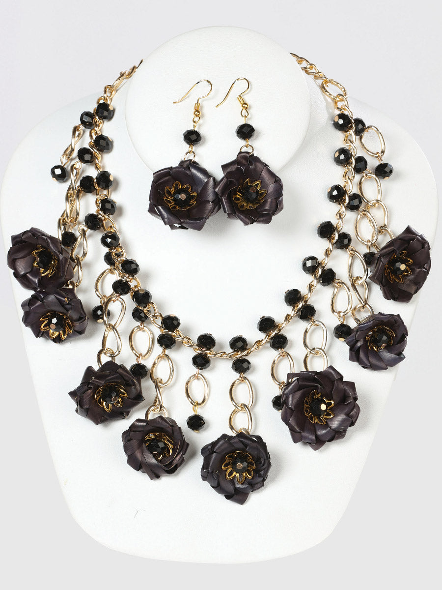 Artisanal Set Earrings-Necklace Palm-Silk Thread Black 603223