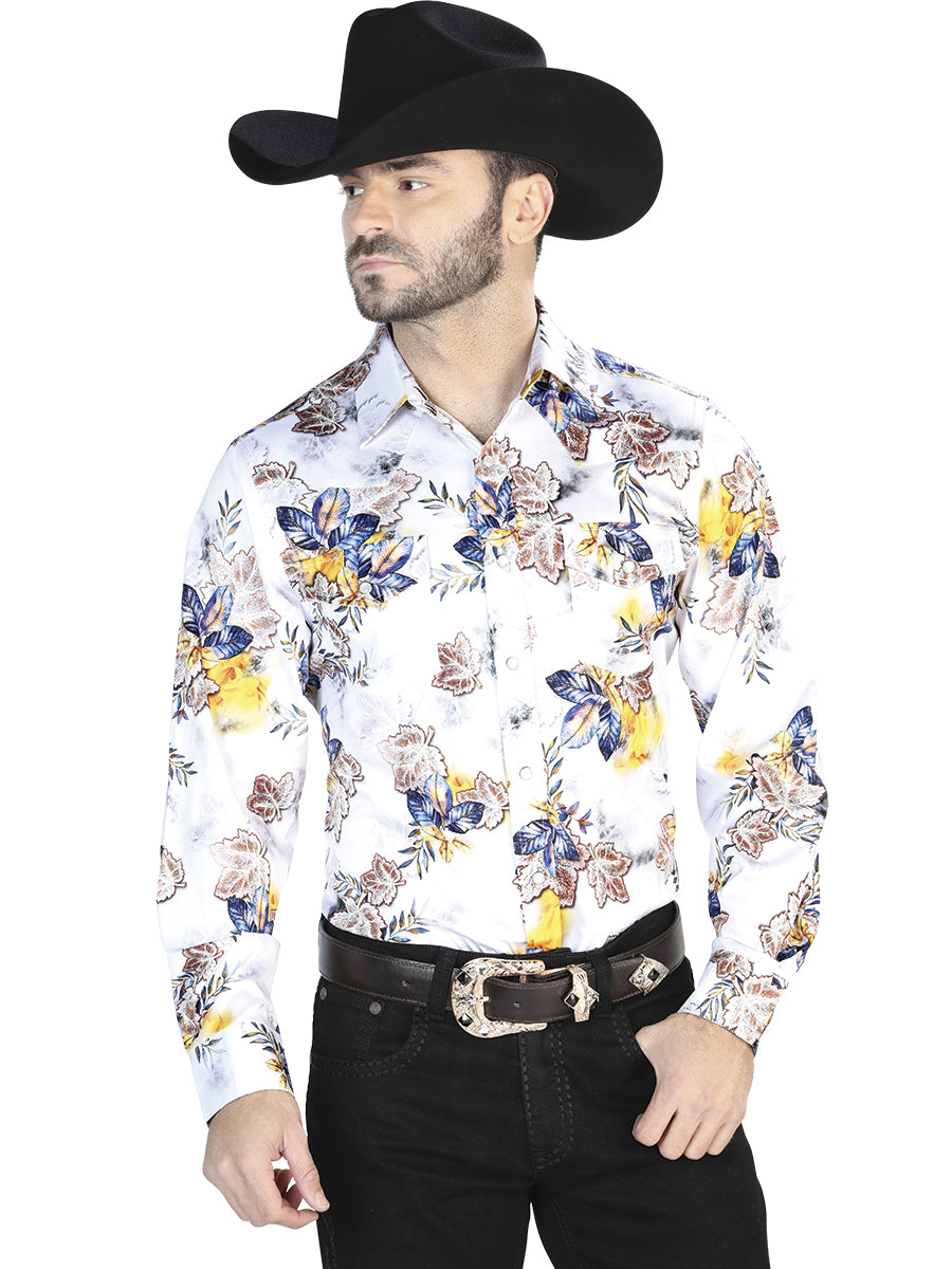 White With Flower Print Casual Long Sleeve Shirt 44097