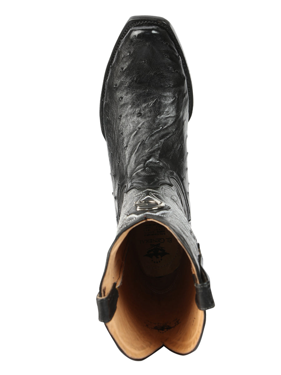 El General Men's Exotic Ostrich Leather Cowboy Boots - Black  45515