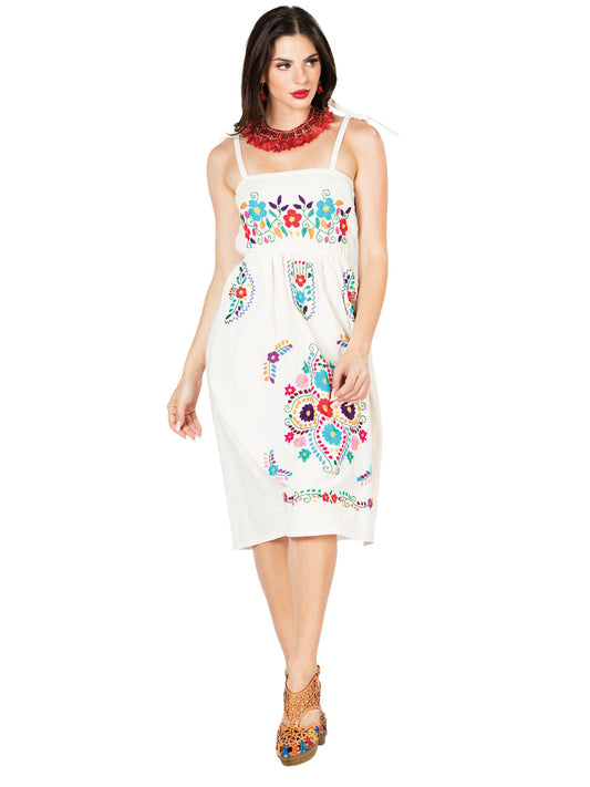 Artisanal Embroidered Dress 100% Cotton Beige 603075